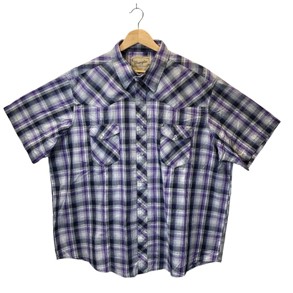Wrangler Western Shirt Mens 3XL Purple Pearl Snap Button Up Plaid Short Sleeve